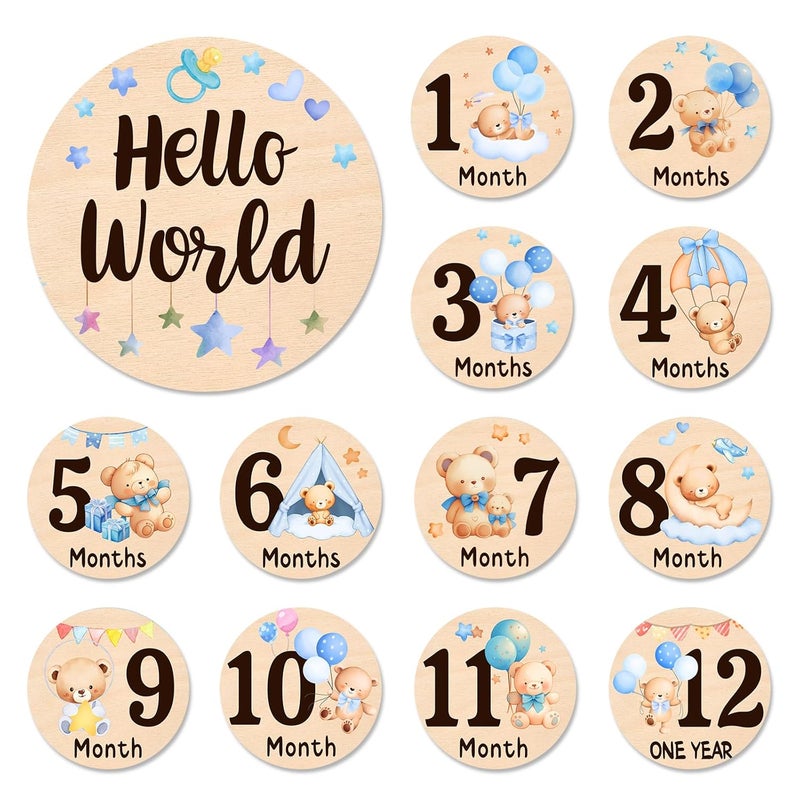 MCIAONE Baby Monthly Milestone Cards - 13 Double-Sided Wooden Milestone Signs Discs with Bear & Star Designs, Little Bears Birth Announcement Cards for Photo Props(0-12 Months), Newborn Sign Baby Shower/Gift - Image 1
